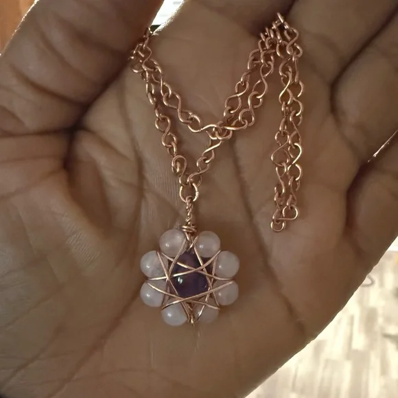 Amethyst Pink Quartz Daisy Pendant Necklace on Infinity Link Chain - Picture 2 of 4